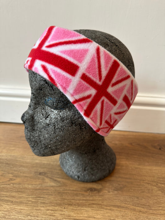 Pink Union Jack Adult Size Fleece Shaped Headband / Ear Warmers