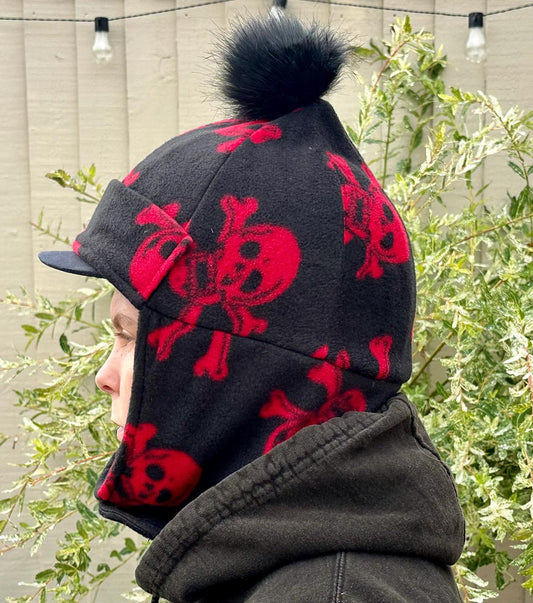 Adult Size Skull & Cross Bones Riding Hat / Face Cover - Faux Fur PomPom