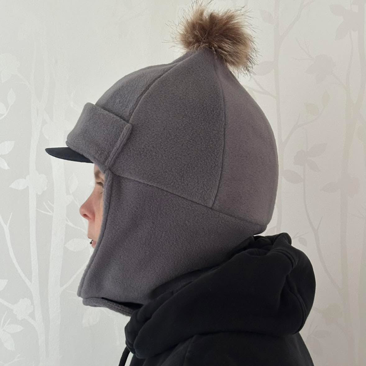 Adult Size Grey Riding Hat / Face Cover - Faux Fur Pom Pom
