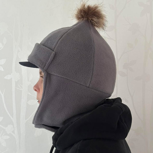 Adult Size Grey Riding Hat / Face Cover - Faux Fur Pom Pom