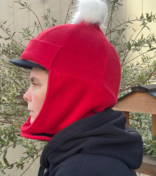 Adult Size Red Riding Hat / Face Cover - Faux Fur Pom Pom